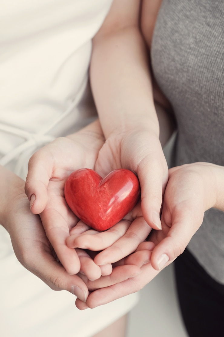 Foto giovani donne che tengono cuore rosso, assicurazione sanitaria, concetto di donazione