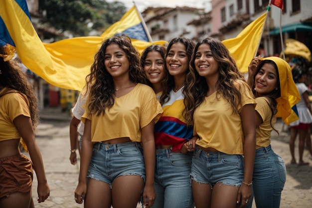 Giovani donne colombiane con la bandiera della Colombia Giornata dell'indipendenza della Colombia