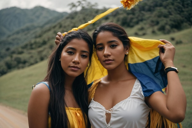 Giovani donne colombiane con la bandiera della Colombia Giornata dell'indipendenza della Colombia