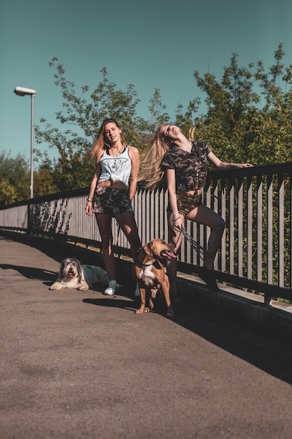 Giovani donne con i cani in piedi su un ponte pedonale contro un cielo limpido durante un giorno di sole
