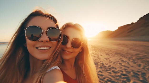 Giovani donne di intelligenza artificiale generativa sulla spiaggia che scattano selfie