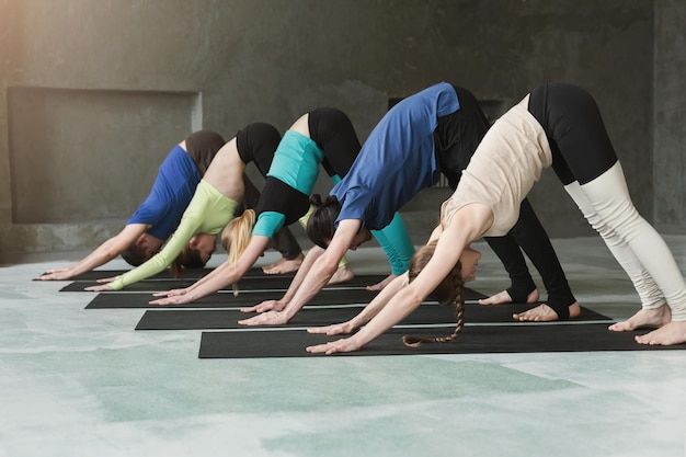 Giovani donne e uomini in classe di yoga, esercizi di stretching. Posa del cane per rilassarsi e respirare correttamente. Stile di vita sano nel fitness club, copia spazio