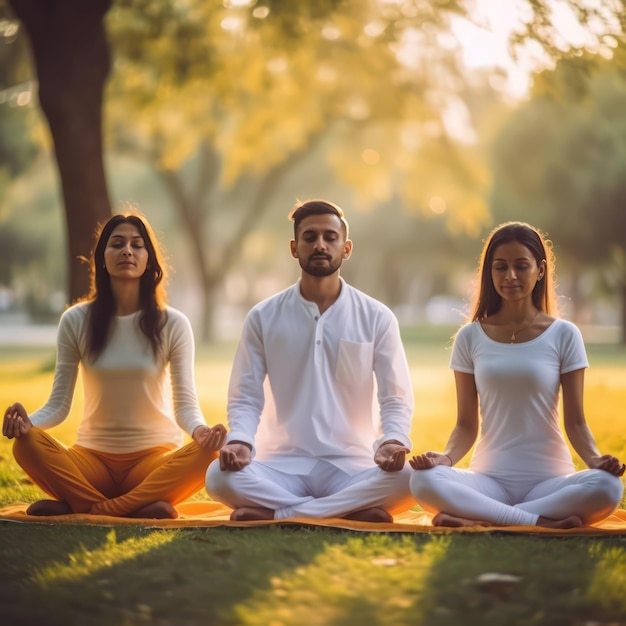 Giovani donne e uomini indiani che fanno yoga riposano facendo yoga sullo sfondo indossando il bianco e l'arancione India