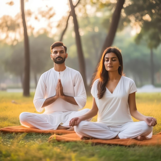 Giovani donne e uomini indiani che fanno yoga riposano facendo yoga sullo sfondo indossando il bianco e l'arancione India