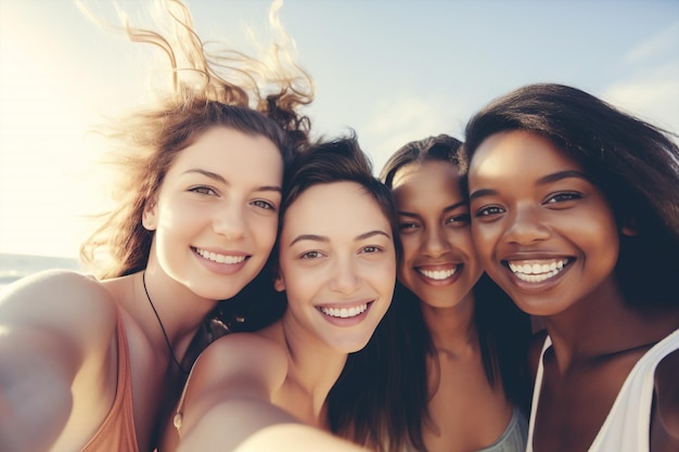 Giovani donne generative ai sorridenti amici multietnici del gruppo che prendono selfie