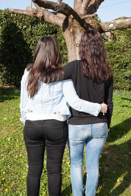 Giovani donne in piedi sull'erba che abbraccia la vista posteriore