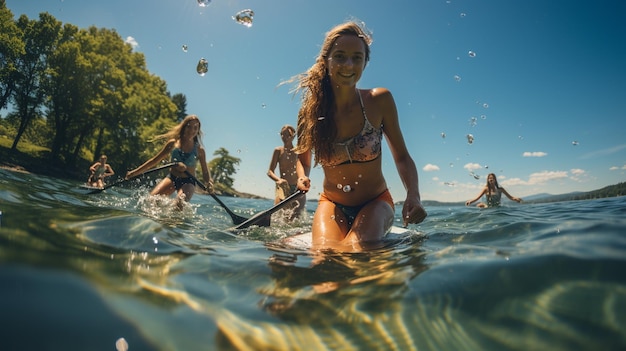 Giovani donne su stand up paddle board nel lago Active lifestylegenerative ai