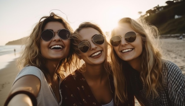 Giovani donne sulla spiaggia prendendo selfie e ridendo