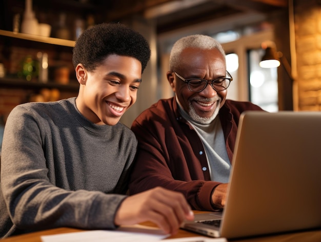 Giovani e anziani uomini anziani che usano un computer portatile felice sorridente figlio e padre comunicazione