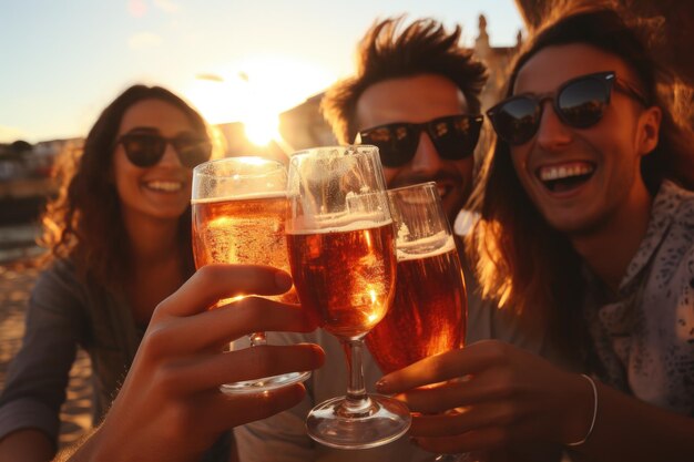 Giovani festaioli brindano con birra sulla spiaggia IA generativa