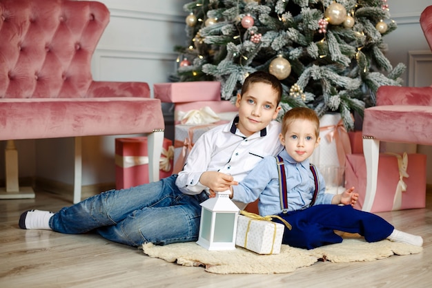 Giovani fratelli vicino all'albero di Natale