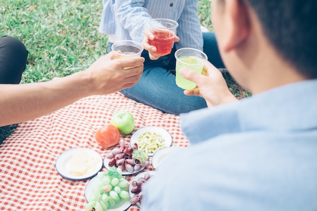 Giovani gruppi adolescenti che hanno divertimento picnic nel parco insieme.