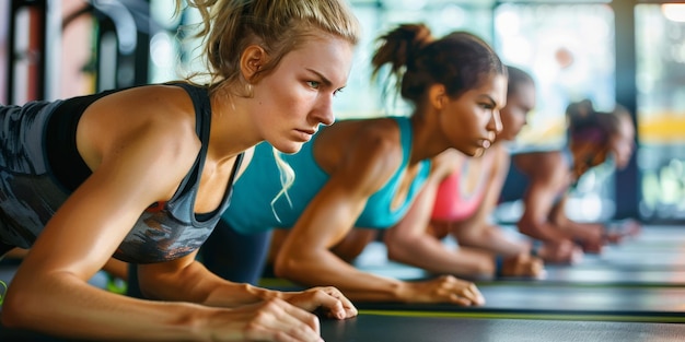 Giovani in forma che fanno flessioni in palestra e sembrano concentrati