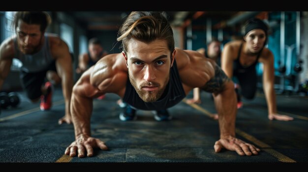 Giovani in forma che fanno flessioni in palestra e sembrano concentrati