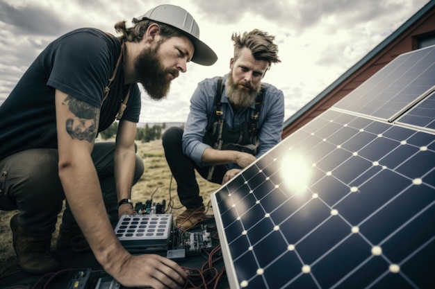 Giovani lavoratori che installano pannelli solari sul tetto di una casa indossando barbe e elmetti energia sostenibile per il futuro