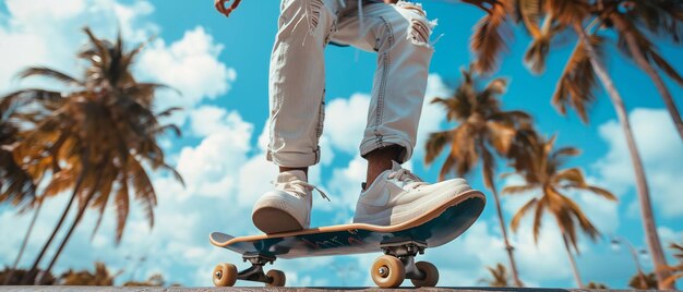 Giovani maschi con le gambe su skateboard su un ambiente di palme e un idilliaco cielo blu, atmosfera estiva e spazio.