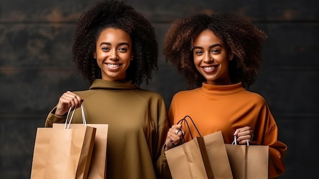 Giovani ragazze con borse della spesa di carta per la stagione dei saldi natalizi del Black Friday generata dall'intelligenza artificiale