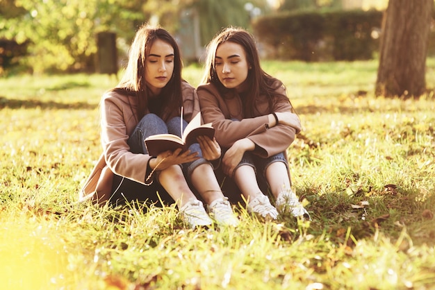 Giovani ragazze gemelle abbastanza mora che si siedono sull'erba con le gambe leggermente piegate in ginocchio e leggono in un libro marrone, indossando un cappotto casual in autunno soleggiato parkr su sfondo sfocato.