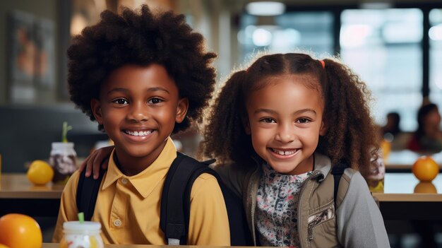 giovani ragazzi e ragazze afroamericani che irradiano gioia mentre si godono insieme la pausa pranzo a scuola