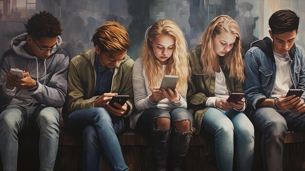 giovani seduti sulla panchina a guardare i loro telefoni cellulari nello stile di strettamente tagliato