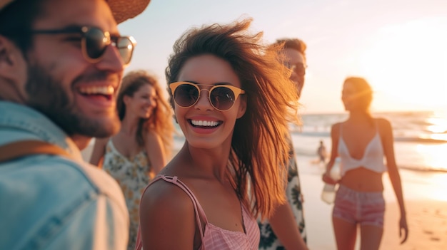 Giovani sorridenti sulla spiaggia che si divertono