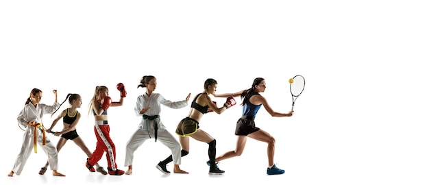 Giovani sportivi che corrono e saltano sul fondo bianco dello studio. Concetto di sport, movimento, energia e stile di vita dinamico e sano. Allenamento, pratica in movimento. Volantino. Tennis, boxe, arti marziali.