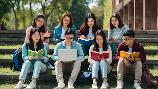 Giovani studenti universitari indiani asiatici che leggono libri che studiano sul portatile che si preparano per un esame o per un lavoro