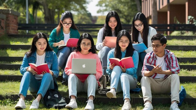 Giovani studenti universitari indiani asiatici che leggono libri che studiano sul portatile che si preparano per un esame o per un lavoro