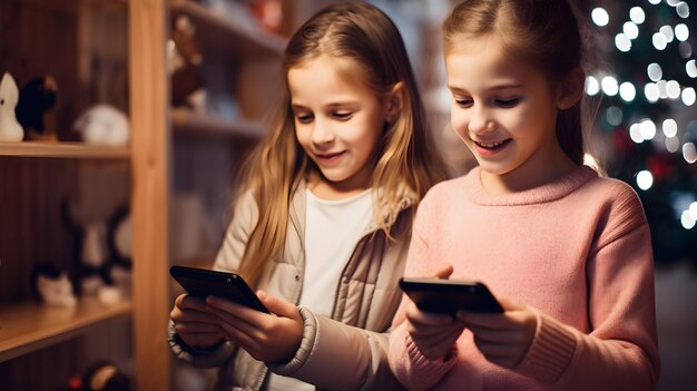 Giovani tecnici che sorridono bambini con dispositivi mobili