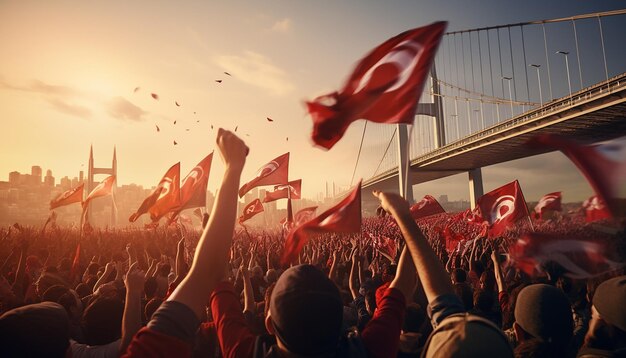 Giovani turchi che celebrano il giorno dell'indipendenza con bandiere turche sul ponte sul Bosforo
