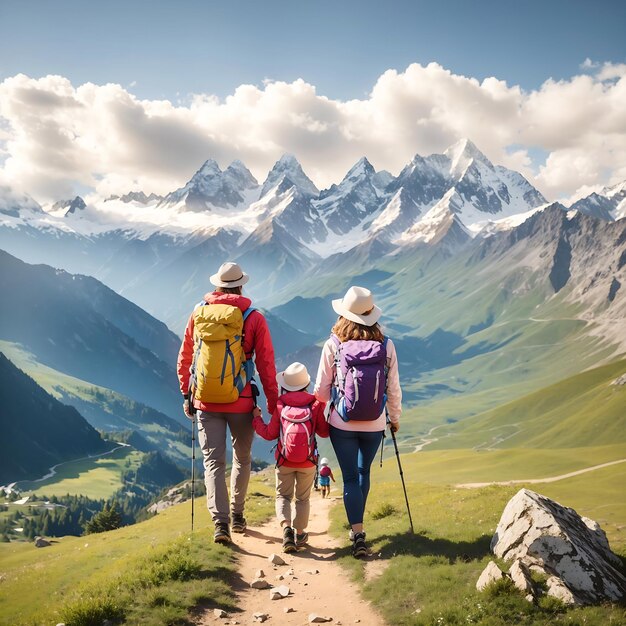 Giovani turisti in cima a una montagna o in barca che si godono la vista sul mare vengono generati