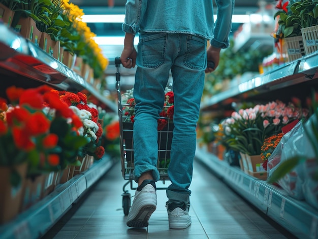 Giovani uomini che comprano fiori nei fioritori