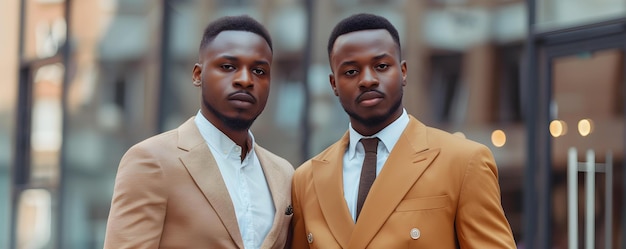 Giovani uomini neri posano con fiducia in un ambiente urbano che trasuda stile e unità Concept Urban Style Confident Poses Unity and Brotherhood Young Black Men Cityscape Background
