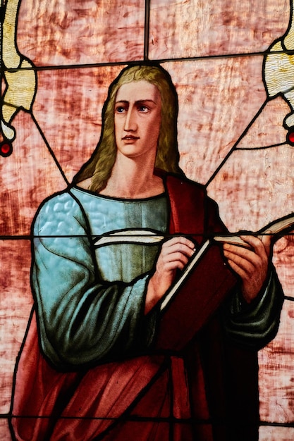 Giovanni Luca Marco o Matteo apostolo santo con in mano il libro biblico cristiano e la finestra della chiesa d'oca