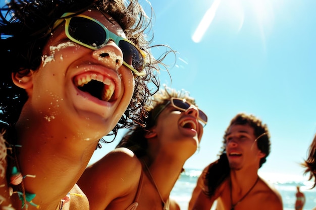 Gioventù che festeggia l'arrivo della primavera su una spiaggia soleggiata