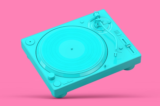 Giradischi in vinile per giradischi DJ professionale blu in stile bicolore su sfondo rosa. Rendering 3D