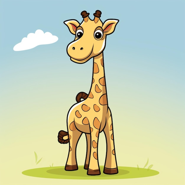 giraffa cartone animato in piedi in un campo con un cielo nuvoloso sullo sfondo ai generativa