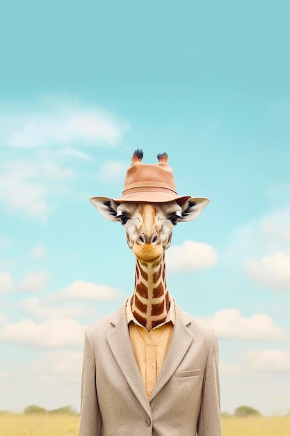 Giraffa che indossa abito e cappello in piedi davanti al cielo blu IA generativa