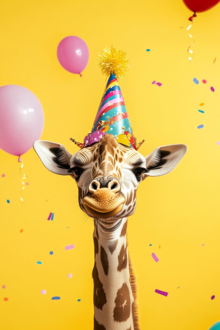 Giraffa che indossa un cappello di compleanno su sfondo giallo con palloncini e confetti