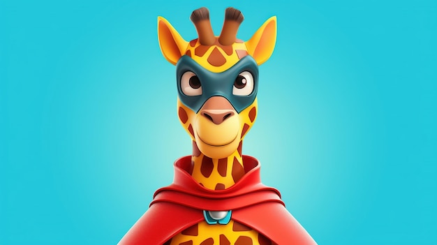 Giraffa che indossa un mantello e una maschera da supereroe su sfondo blu Personaggio dei cartoni animati Illustrazione dei cartoni animati Ai generativa