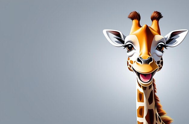 giraffa con un ampio sorriso che guarda la telecamera banner di sfondo grigio neutro con spazio per il testo