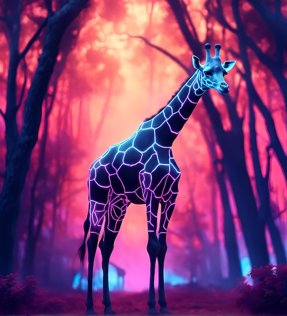 Giraffa cyberpunk in illuminazione al neon illustrazione fotorealista futuristica