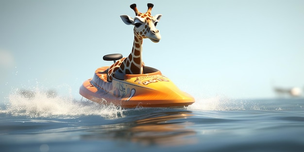 Giraffa del fumetto su un jetski sul mare di sfondo Generativo Ai