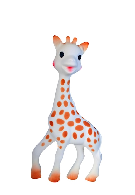 Giraffa del giocattolo del bambino su priorità bassa bianca