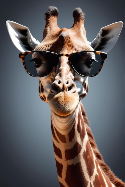 Giraffa di cartone animato 3D con occhiali da sole e guardando la telecamera