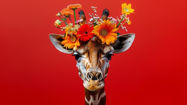 Giraffa divertente con corona di fiori fatta di girasoli gerbera e altri fiori su sfondo rosso