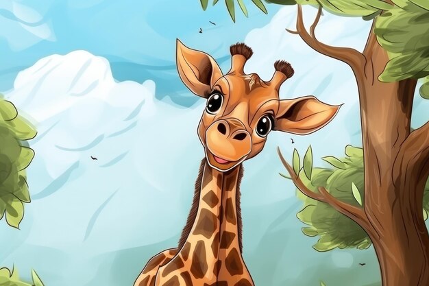 Giraffa divertente in natura selvaggia Illustrazione di animali dei cartoni animati Generative ai