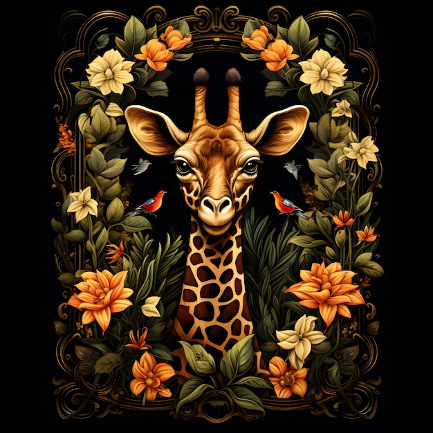 Giraffa in una cornice decorata con foglie nello stile delle illustrazioni di animali iperrealistiche