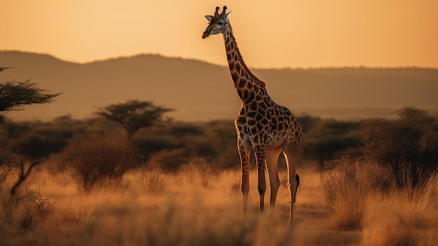 Giraffa nella savana al tramonto Kenya Africagenerative ai