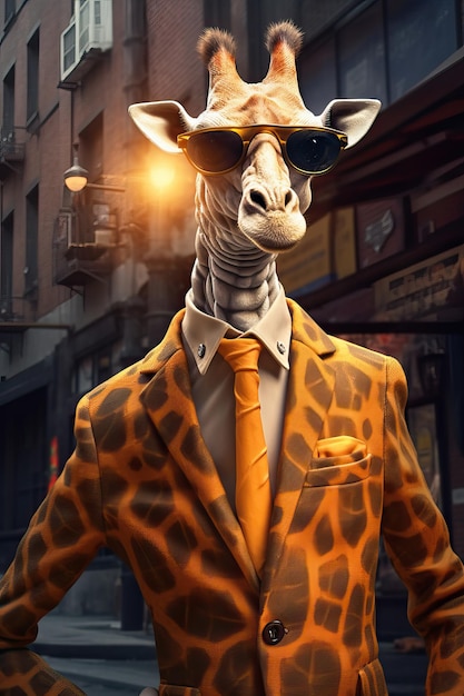 Giraffa vestita in un elegante abito moderno con una bella cravatta ritratto di moda di un antropomorfo
